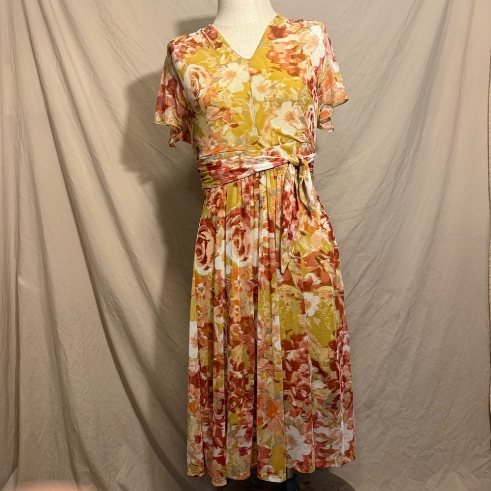 Enfocus Studio Yellow and Rust Floral Wrap-Style Midi Dress